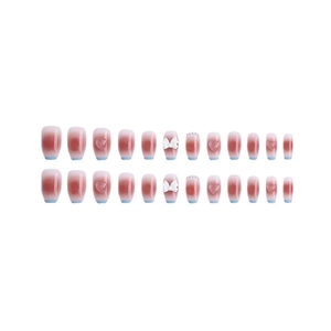 Long press-on nails set with red-blue gradient blush design, pink hearts and pearls