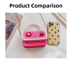 Detailed view of pink tweed mini bag with pearl handle and lace edge for children