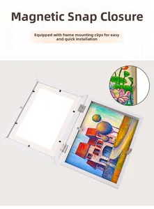 Detail of magnetic closure and metal hinge on a white front-opening kids art frame