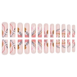 Long coffin fake nails featuring bohemian leaf prints and abstract geometric patterns