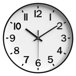 Modern 12-inch minimalist wall clock with black metal frame and white Arabic dial