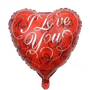 Close-up of 18-inch heart-shaped red foil balloon with rose patterns and I Love You text
