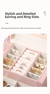 Pink leather jewelry box detail showing slots for 7 rings and 8 pairs of earrings