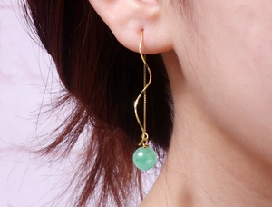 Detail of elegant S925 silver long tassel earrings with green aventurine jade beads