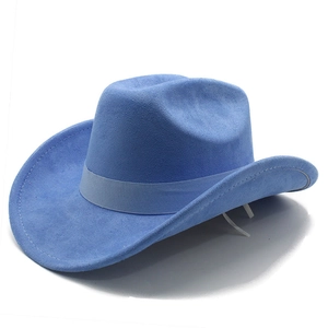 Detail of blue faux suede western cowboy hat featuring silk ribbon and curved brim