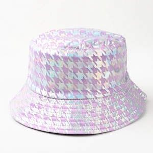 Detailed view of iridescent houndstooth pattern and metallic stitching on bucket hat