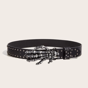Punk Men's PU Leather Belt Metal Rivets Studded Gothic Skull Hand Alloy Buckle Rhinestone Inlaid Fashion Waist Strap