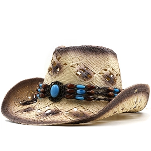Western Cowboy Straw Hat Hollow Wide Brim Retro Ethnic Beads Turquoise Sun Protection Summer Beach Vacation Unisex