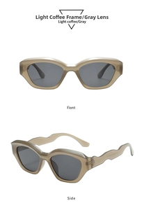 Front and side view of trendy TR90 sunglasses with light coffee wavy frame and gray lens