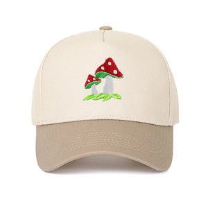 Five-panel retro baseball cap featuring mushroom embroidery with khaki brim and cream crown