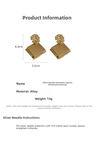 Detail view of geometric square sequin earrings with size dimensions of 4.3cm by 3.2cm