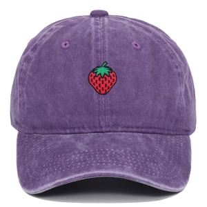 Close-up of strawberry embroidery on washed cotton purple vintage baseball cap details