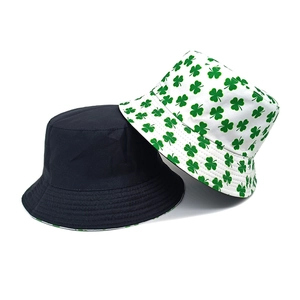 Unisex black and white clover print cotton bucket hats for summer sun protection