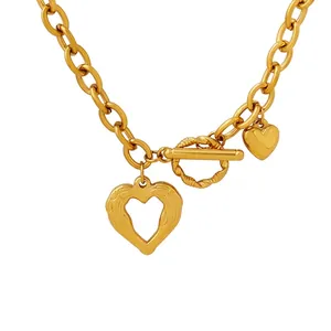 Titanium Steel Necklace For Women Double Heart Pendant Hollow Wing Charm Link Chain Toggle Clasp French Ins Style Retro Jewelry