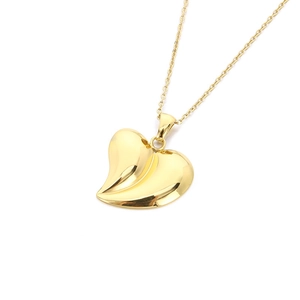 Golden 3D heart pendant on stainless steel O-chain necklace isolated on white background