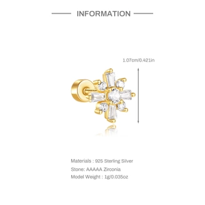 Detailed view of S925 sterling silver golden flower stud with AAAAA cubic zirconia stones