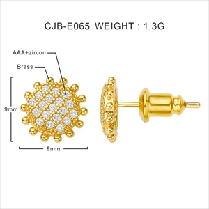 Detail view of 9mm gold-plated brass flower stud earrings with AAA+ cubic zirconia crystals
