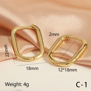 Detailed view of gold plated U-shaped rectangular hoop earrings with dimensions and weight