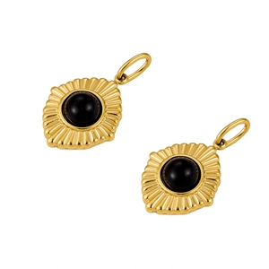 Golden stainless steel earring pendants with black round natural stone in radial design