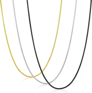 Three snake bone chain necklaces in gold, silver, and black finish on white background