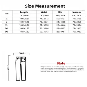 Men's sportswear size chart with measurements for length, waist, and hip in CM and INCH
