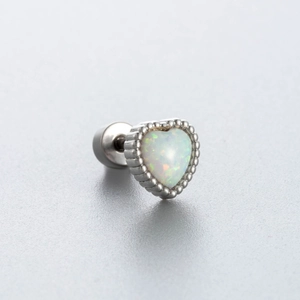 Silver surgical steel heart-shaped opal stud earring with decorative beaded edges
