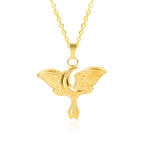 18k gold plated stainless steel necklace featuring a crescent moon and butterfly pendant