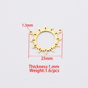 Gold stainless steel sun pendant with 25mm diameter and 1.3mm hole size for jewelry making