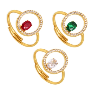 Luxury gold plated stainless steel open ring with oval red green and white gemstones