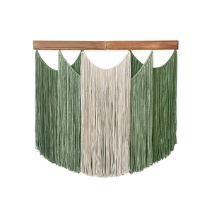 Handwoven bohemian green and white macrame wall hanging with dark brown wooden rod