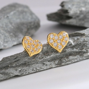 Elegant 14K gold plated heart stud earrings for women set with sparkling cubic zirconia