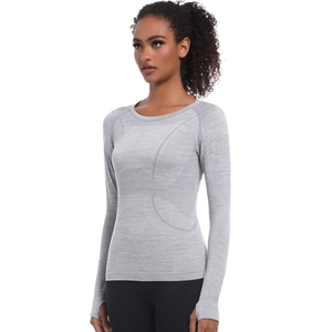 Top yoga a maniche lunghe senza cuciture grigio melange con asole per i pollici e mesh traspirante