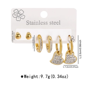 Detail view of stainless steel earring set with heart charms and dimensions markings