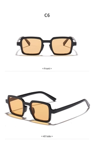 Front and 45-degree side view of vintage square sunglasses with orange lenses