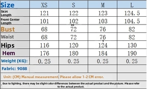 Detailed size chart for cotton midi dress including bust waist and hip measurements