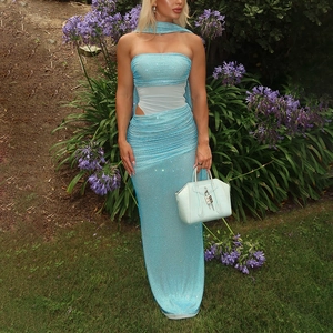 Sparkly light blue sequin two-piece strapless bodycon maxi dress set in outdoor setting