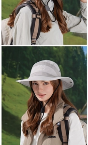 Detail of light grey outdoor sun hat with wide brim, chin strap and breathable mesh top