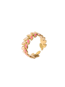 Detail of 18k gold-plated open leaf ring with pink and magenta enamel accents
