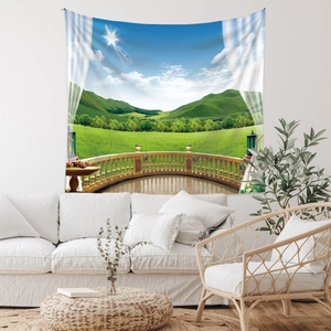 Detailed close-up of Bohemian wall tapestry with nature landscape balcony scenery