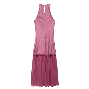 Elegant plum purple halter midi dress with satin bodice and pleated chiffon patchwork