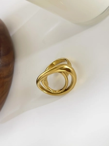 Detailed close-up of 18K gold-plated multi-layer interlocking geometric titanium steel ring