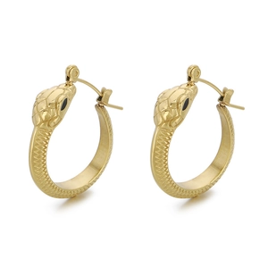 Golden snake-shaped hoop earrings with detailed reptile scales texture on white background