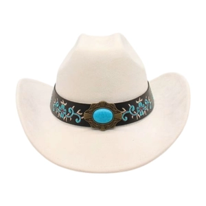 Detail of white felt cowboy hat with floral embroidery and turquoise stone on leather band