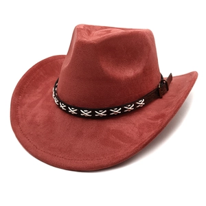Detailed view of brick red suede cowboy hat with stitched brown leather decorative band