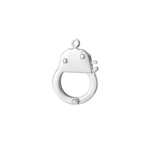 Detailed view of silver stainless steel handcuff-shaped pendant with a metallic finish