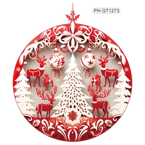 3D paper-cut Christmas sticker with reindeer and trees in red and white design