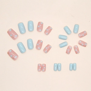 Blue and pink heart press-on nails set with glossy square short finish for Valentine's Day
