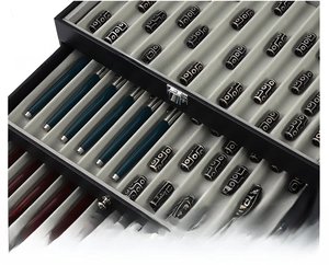 Detail view of multi-slot black faux leather display box for pens and jewelry