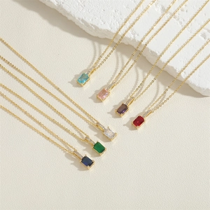 14K gold plated choker necklaces with colorful square zircon pendants in seven vibrant hues