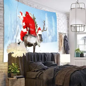 Christmas tapestry showing Santa Claus and reindeer on a blue wall hanging background